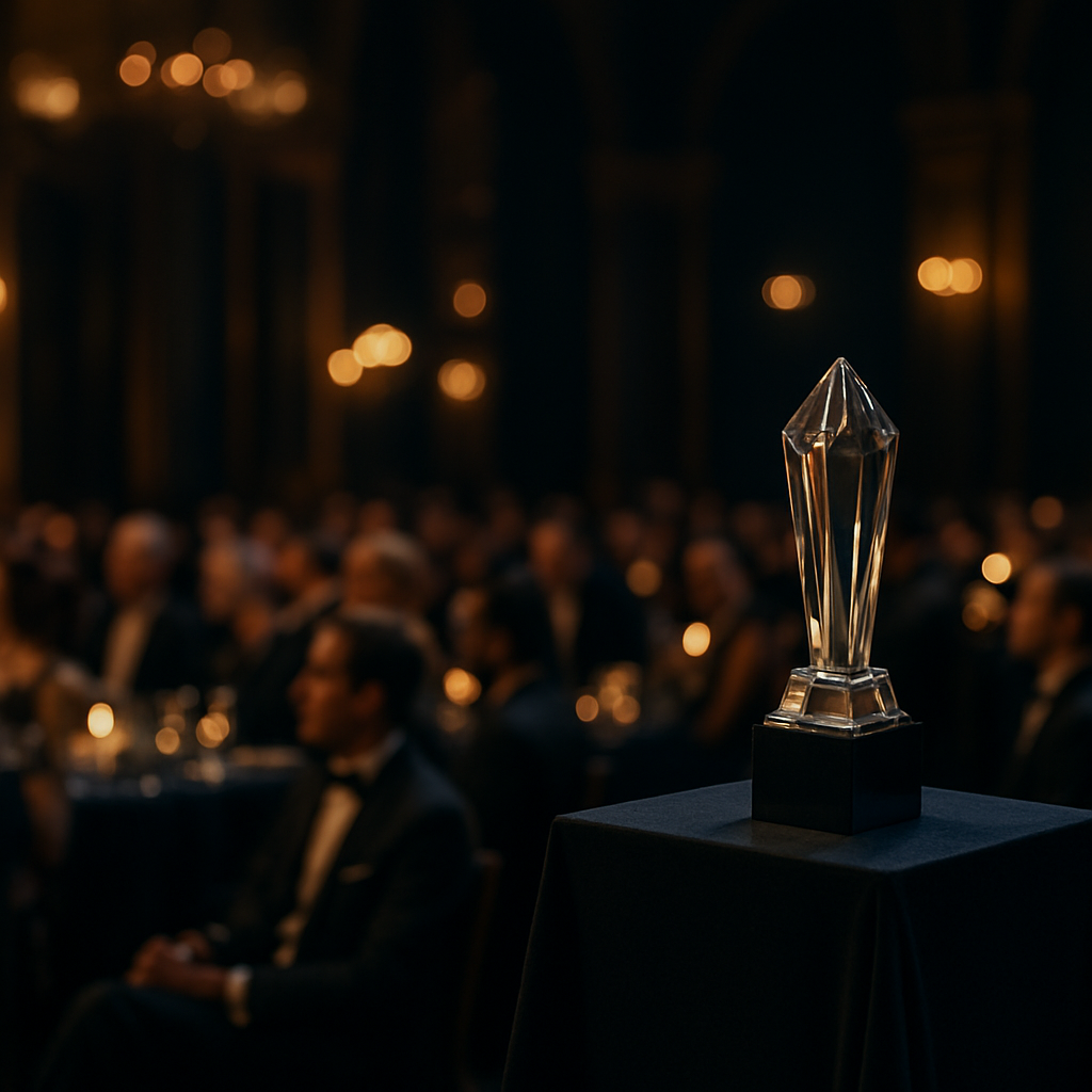 EIREA awards ceremony gala with a crystal trophy under warm gold lighting